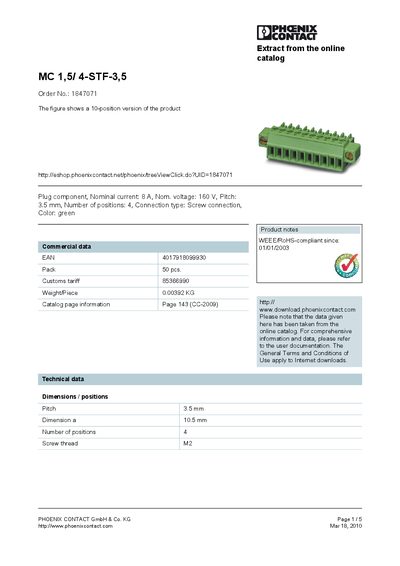 Phoenix Contact MC 1,5/4-STF-3,5 Product Handbook - cover page