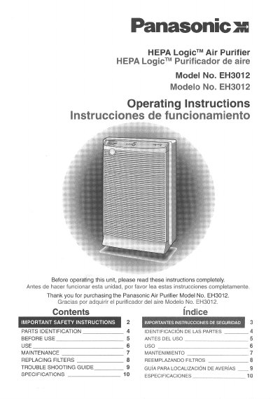 Panasonic EH3012 HEPA Logic Air Purifier Operating Instructions - cover page