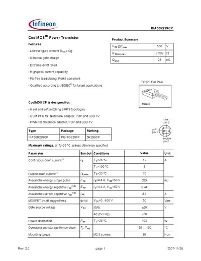 Infineon IPA50R299CP Power Transistor Datasheet - cover page