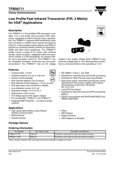 Vishay TFBS6711 Infrared Transceiver Data Sheet - cover page