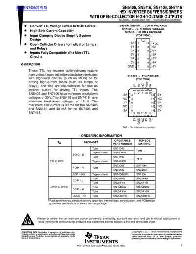 TEXAS INSTRUMENTS SN5406 SN5416 SN7406 SN7416 HEX INVERTER BUFFERS/DRIVERS WITH OPEN-COLLECTOR HIGH-VOLTAGE OUTPUTS handbook - cover page