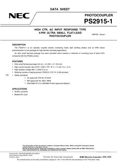 NEC PS2915-1 Photocoupler Data Sheet - cover page