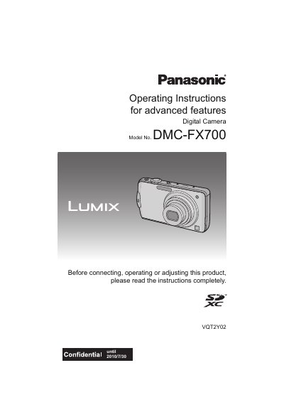 Panasonic DMC-FX700 Digital Camera Operating Instructions - cover page