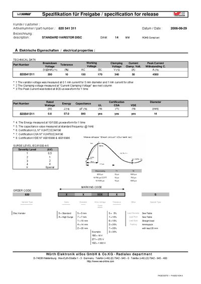 Wurth Elektronik 820541311 Varistor Disc Specification - cover page