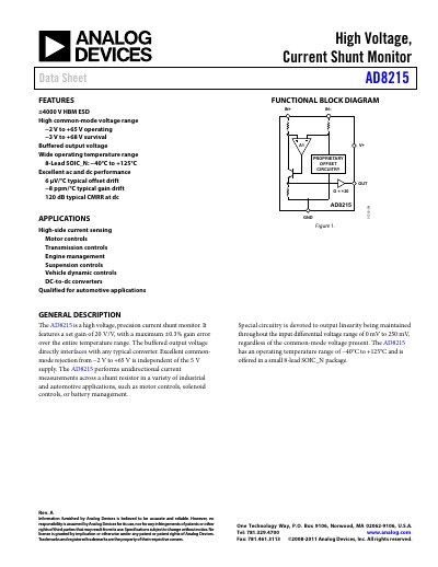Analog Devices AD8215 High Voltage Current Shunt Monitor Datasheet - cover page