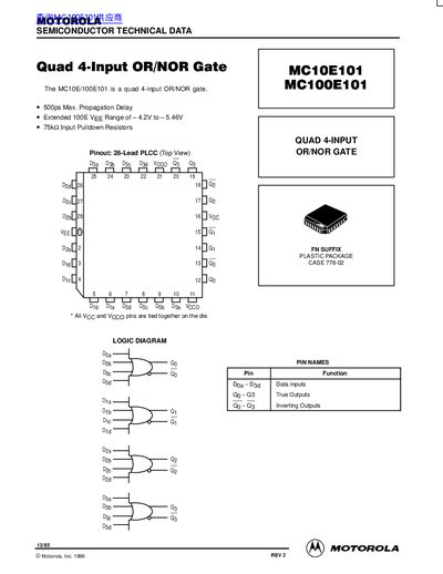 Motorola MC10E101/MC100E101 Quad 4-Input OR/NOR Gate Datasheet - cover page