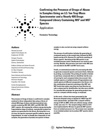 Agilent Confirming the Presence of Drugs of Abuse in Samples Using an LC/Ion Trap Mass Spectrometer a Nearly 400 Drugs Compound Library Containing MS2 MS3 Spectra - cover page