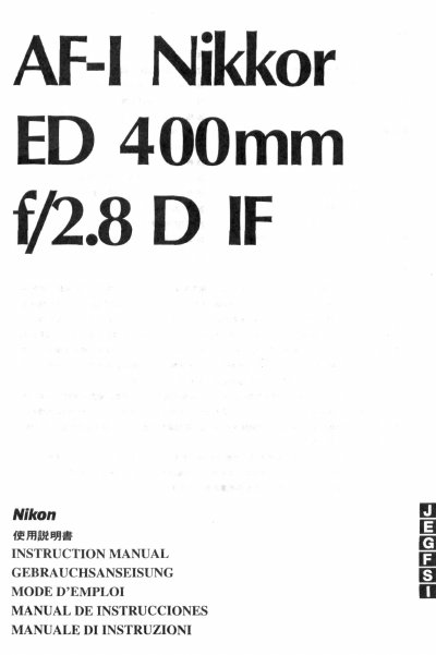 Nikon AF-I Nikkor ED 400mm f/2.8 D IF User Manual - cover page