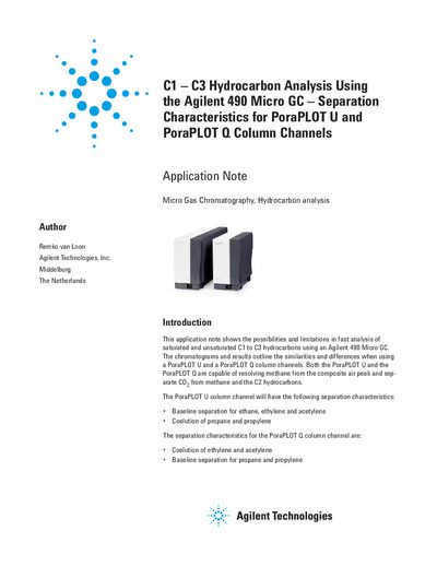 Agilent 490 Micro GC C1-C3 Hydrocarbon Analysis Application Note - cover page