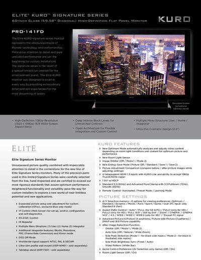 ELITE KURO SIGNATURE SERIES 60-Inch Class (59.58 Diagonal) High-Definition Flat Panel Monitor PRO-141FD User Manual - cover page