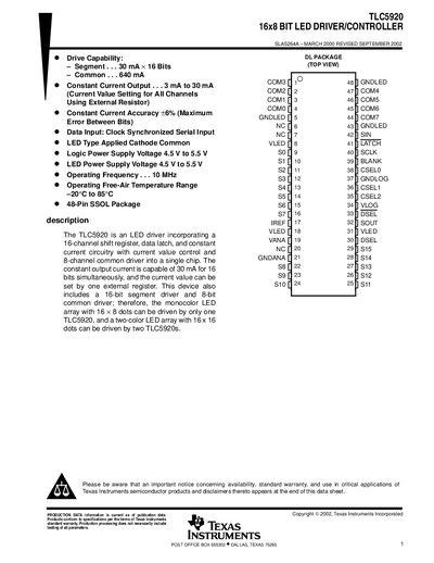 Texas Instruments TLC5920 16x8‑Bit LED Driver/Controller Datasheet - cover page