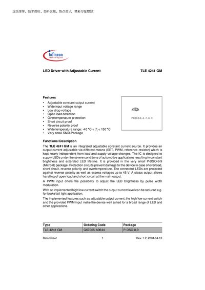 Infineon TLE4241 GM LED Driver Datasheet - cover page