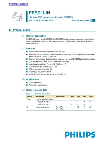PHILIPS PESD1LIN LIN bus ESD protection diode in SOD323 handbook