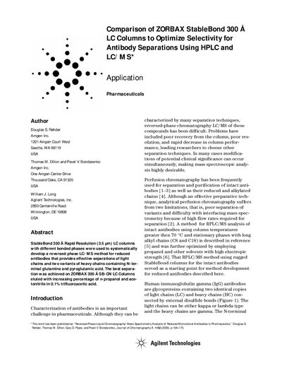 Agilent ZORBAX StableBond 300 A LC Columns Application Note for Antibody Separations - cover page