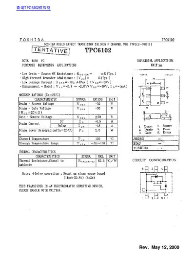 Toshiba TPC6102 P-Channel MOSFET Datasheet - cover page