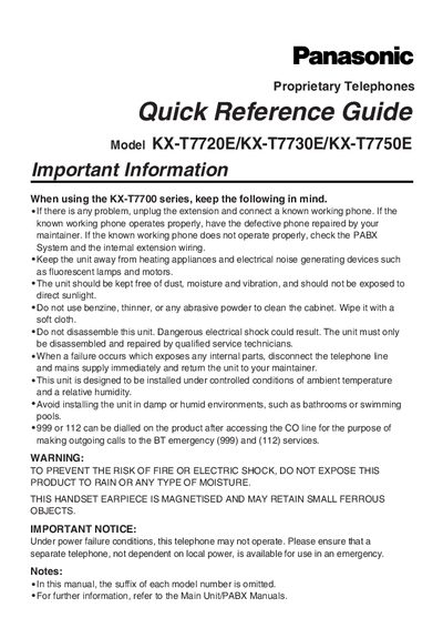 Panasonic KX-T7720E / KX-T7730E / KX-T7750E Quick Reference Guide - cover page