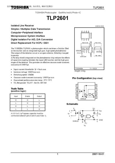Toshiba TLP2601 Photocoupler Datasheet - cover page