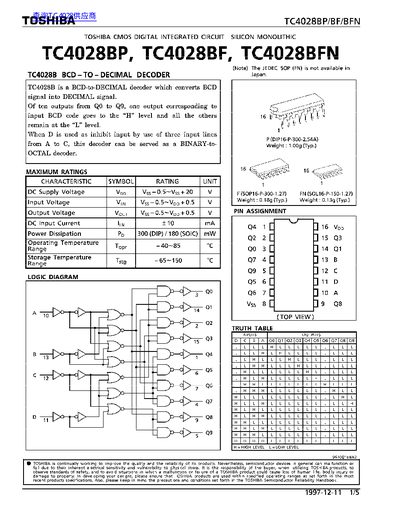 TOSHIBA TC4028BP TC4028BF TC4028BFN handbook - cover page
