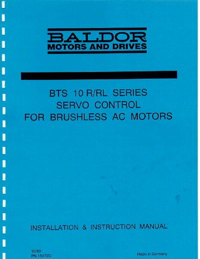 Baldor BTS 10 R/RL Servo Control Installation Manual - cover page