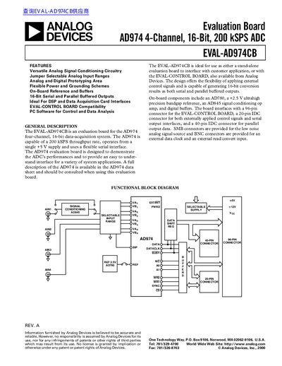 ANALOG DEVICES Evaluation Board AD974 4-Channel 16-Bit 200 kSPS ADC EVAL-AD974CB handbook - cover page