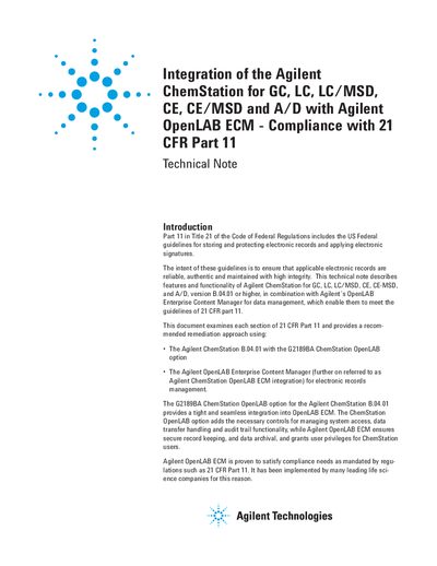 Agilent ChemStation B.04.01 Compliance with 21 CFR Part 11 Technical Note - cover page