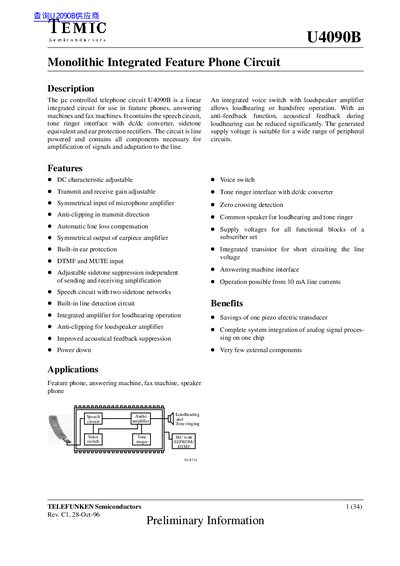 TEMIC U4090B Monolithic Integrated Feature Phone Circuit Datasheet - cover page