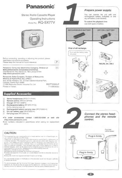 Panasonic RQ-SX77V Stereo Radio Cassette Player Operating Instructions - cover page