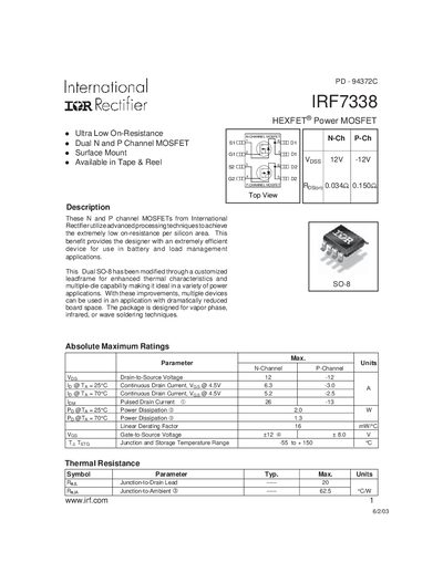 International Rectifier IRF7338 Dual N‑Channel & P‑Channel MOSFET Datasheet - cover page