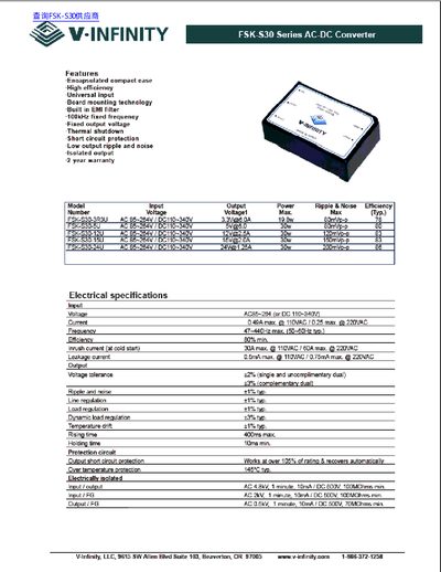 V-Infinity FSK-S30 Series AC-DC Converter Datasheet - cover page