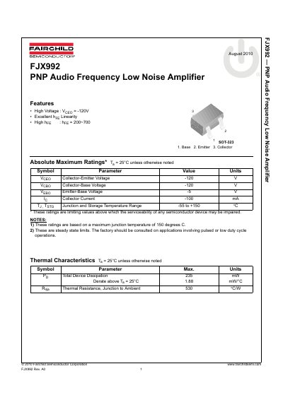 Fairchild FJX992 PNP Audio Frequency Low Noise Amplifier Datasheet - cover page