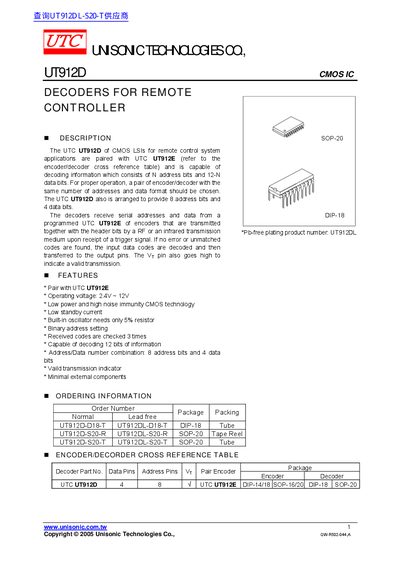 Unisonic UT912D CMOS Decoder Datasheet - cover page