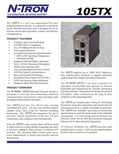 N-TRON 105TX Industrial Ethernet Switch Datasheet - cover page