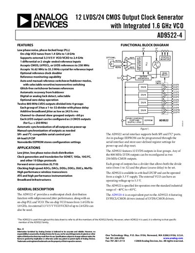 Analog Devices AD9522-4 12 LVDS/24 CMOS Output Clock Generator Datasheet - cover page