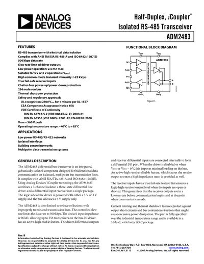 Analog Devices ADM2483 Isolated RS-485 Transceiver Datasheet