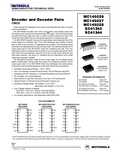 Motorola MC145026/MC145027/MC145028/SC41343/SC41344 Encoder/Decoder Datasheet