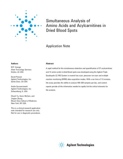 Agilent 6460 Triple Quadrupole LC/MS Amino Acid and Acylcarnitine Analysis Application Note - cover page