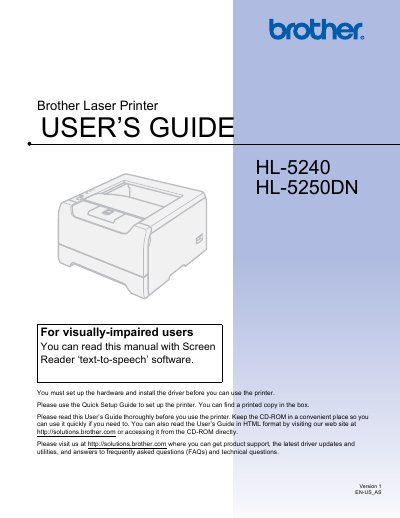 Brother HL-5240 / HL-5250DN Laser Printer User Guide - cover page