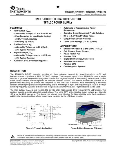 TEXAS INSTRUMENTS - ti.com FEATURES APPLICATIONS DESCRIPTION SWN TPS65123 D1 L1 10 C1 2.2 VIN 2.7 V to 5.5 V Manual - cover page