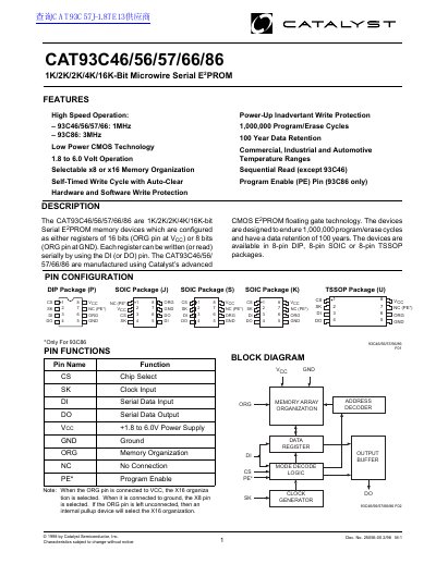 Catalyst CAT93C46/56/57/66/86 Microwire Serial E2PROM Datasheet - cover page