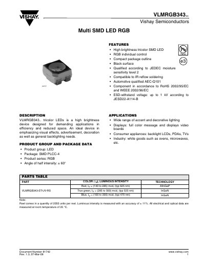 Vishay VLMRGB343 Tricolor SMD LED Datasheet - cover page