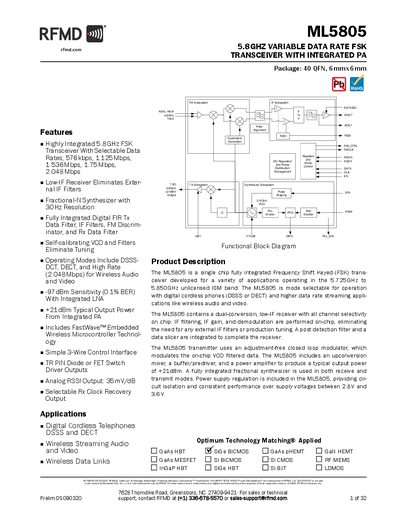 RFMD ML5805 5.8GHz Variable Data Rate FSK Transceiver Datasheet - cover page