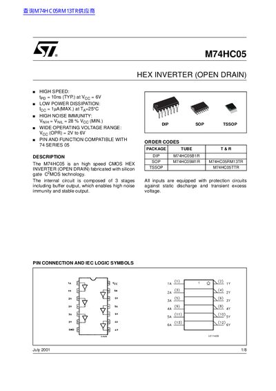STMicroelectronics M74HC05 Hex Inverter (Open Drain) Handbook - cover page