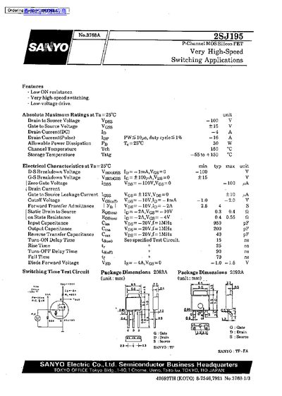 SANYO 2SJ195 P-Channel MOS Silicon FET Datasheet - cover page