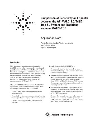 Comparison of Sensitivity Spectra between the AP-MALDI LC/MSD Trap SL System and Traditional Vacuum MALDI-TOF Applicatio - cover page