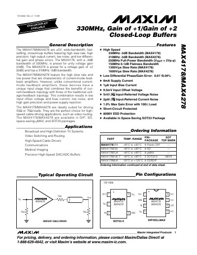 Maxim Integrated MAX4178/MAX4278 Video/RF Cable Driver Datasheet - cover page