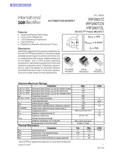 lnternational IOR Rectifier IRF2907Z IRF2907ZS IRF2907ZL handbook - cover page
