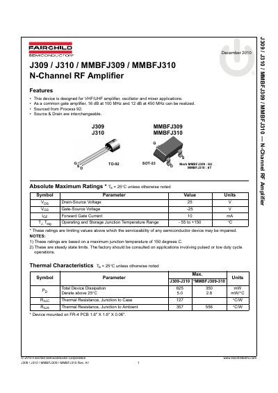 FAIRCHILD J309/J310/MMBFJ309/MMBFJ310 N-Channel RF Amplifier Manual - cover page