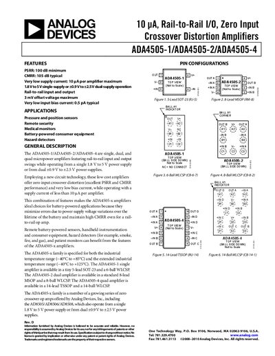 Analog Devices ADA4505-1/ADA4505-2/ADA4505-4 Micropower Amplifiers Datasheet - cover page