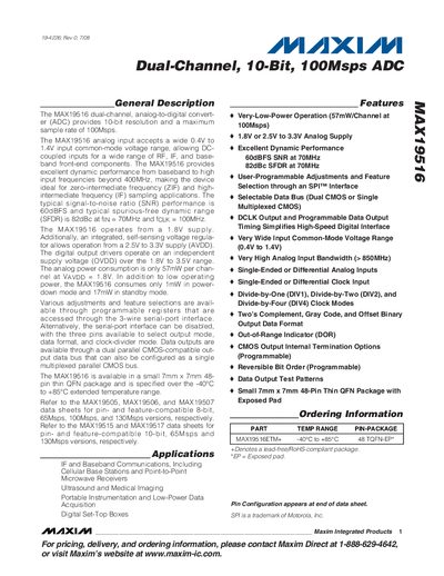 Maxim MAX19516 Dual-Channel 10-Bit 100Msps ADC Datasheet - cover page