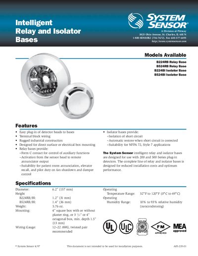 System Sensor B224RB/B524RB/B224BI/B524BI Relay and Isolator Bases Product Sheet - cover page